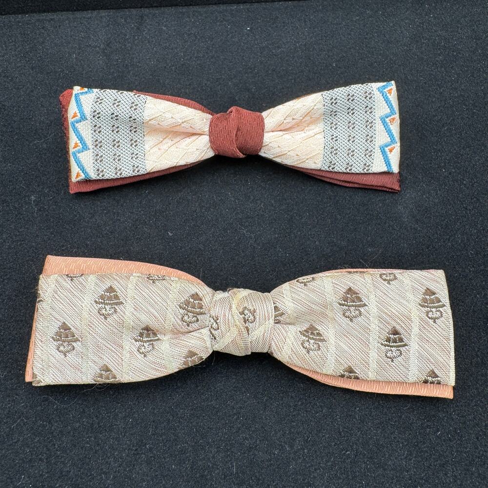 Vintage Hart Bowties 70's Clip Peach Brown Blue 5"